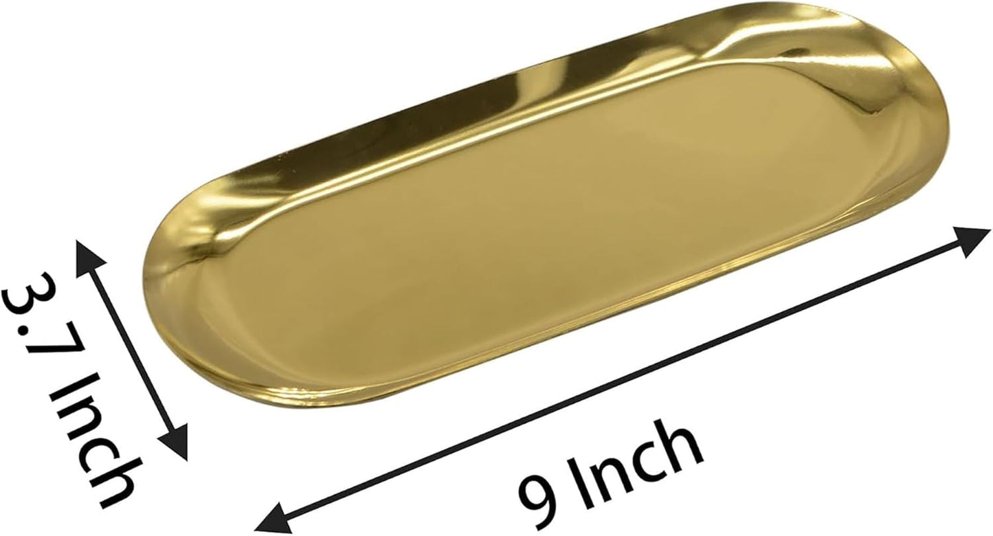 9 Inch x 3.8 Inch Trinket Tray Gold Oval Stainless Steel Small Serving Trays Towel Storage Plate Tea Fruit Trays Jewelry Plate Decorative Storage Tray (2 Gold, Medium)