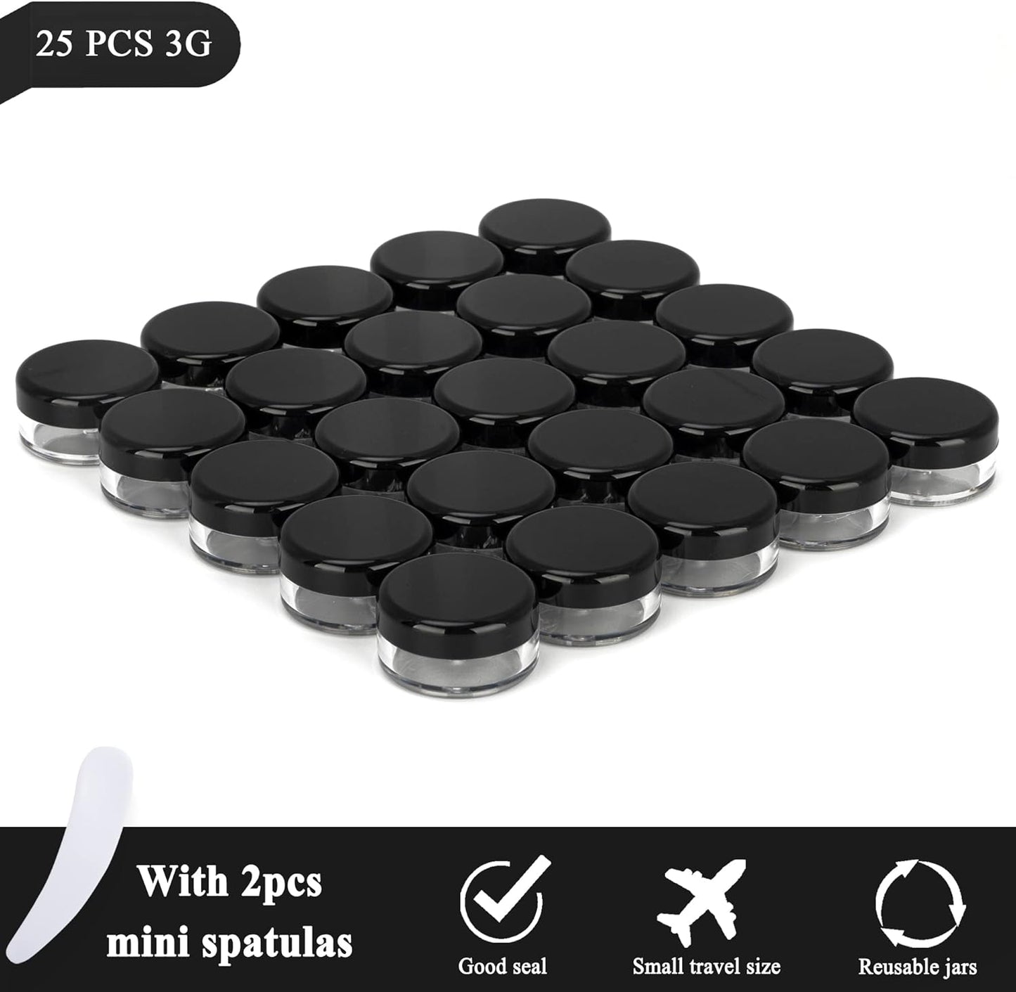 25PCS 3 Gram Sample Containers, 3ml Empty Jars with Lids, Small Cosmetic Containers, Mini Sample Jars with 2PCS Mini Spatulas for Make Up, Oils, Lotion, Powder, Paint, Jewelry, Lip Balms(Black Lid)