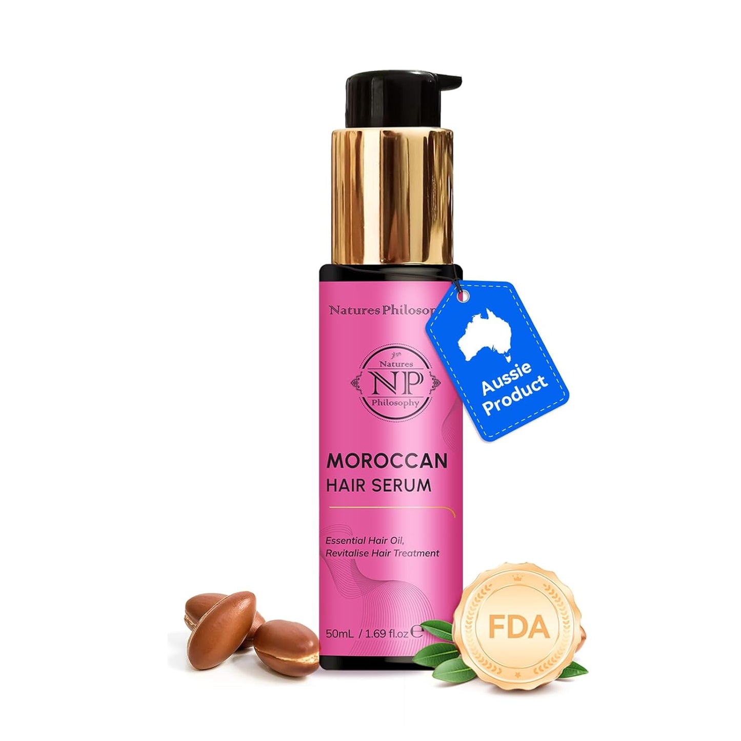 NP NATURES PHILOSOPHY Moroccan Argan Oil - Hair Serum Organic, Anti-Frizz, Repairs Damaged Hair, Adds Shine for All Hair Types Aussie Allergy-Free Moroccan Oil Hair Products 1.69 Fl oz