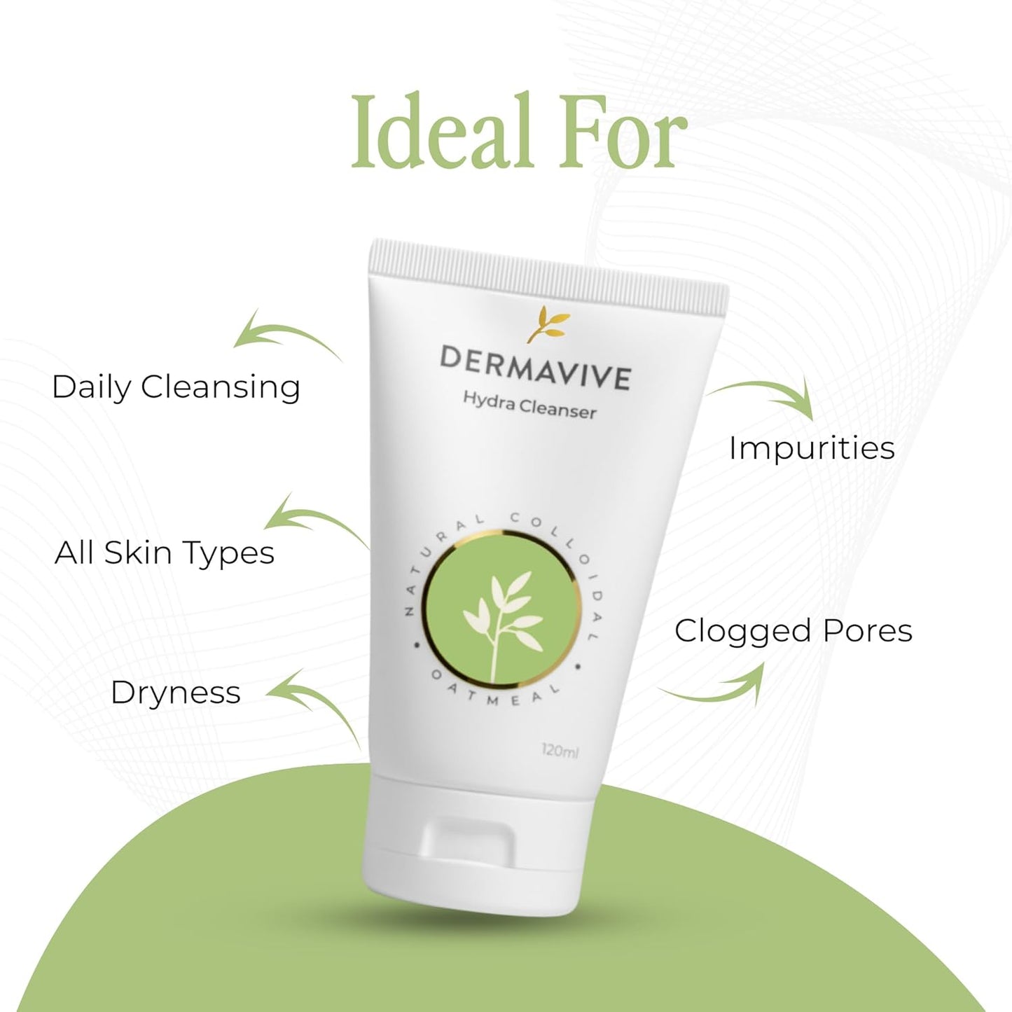 Dermavive Hydrating Facial Cleanser, Soap-Free Gentle Cleanser with Colloidal Oatmeal & Vitamin E, Soothes & Moisturizes Sensitive & Dry Skin, Suitable for All Skin Types, 120ml (4.05oz)