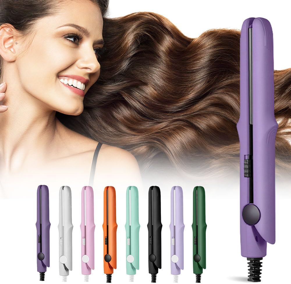 2-in-1 Mini Dual Purpose Curling Iron, 2025 New Mini Curling Wand & Flat Iron Hair Straightener, Portable Travel Curling Iron for All Hair Types (Purple)