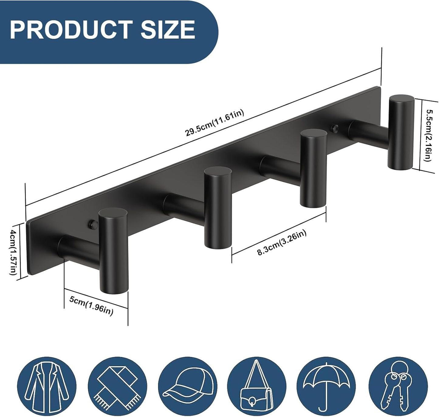 HUFEEOH Coat Rack Wall Mount, Black T Shaped 4 Hooks Coat Hooks for Bathroom, Heavy Duty Wall Hooks Towel Hooks for Hanging, Stainless Steel Purse Hanger Towel Rack for Mudroom Bathroom Entryway