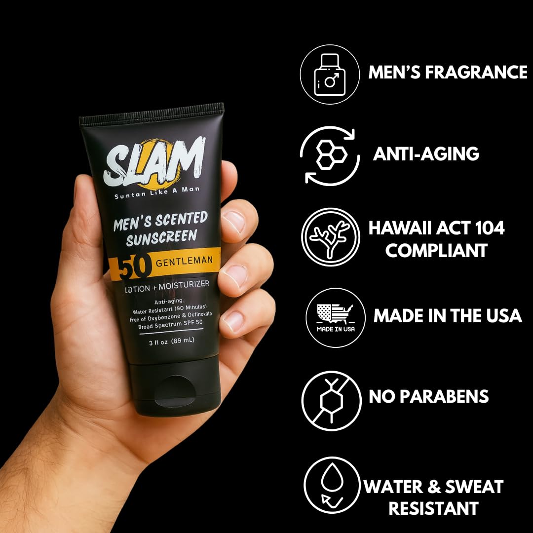 SLAM MysteryMan Men's Sunscreen Lotion SPF 50 & Moisturizer – Face & Body Sunblock, Anti-Aging, Water-Resistant, Hawaii Act 104 Safe, Daily Sport Skincare for Men, Scented – 3 fl oz. Double pack.
