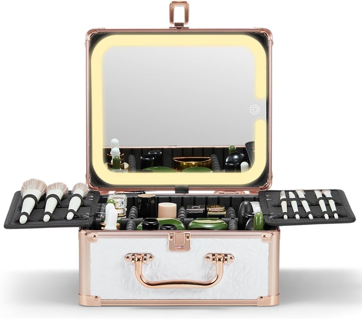 Qislee Makeup Box with A Detachable Lighted Mirror, Waterproof Travel Train Case, Cosmetic Organizer and Makeup Suitcase with Adjustable Dividers, Magnetic LED Mirror(Bright White)