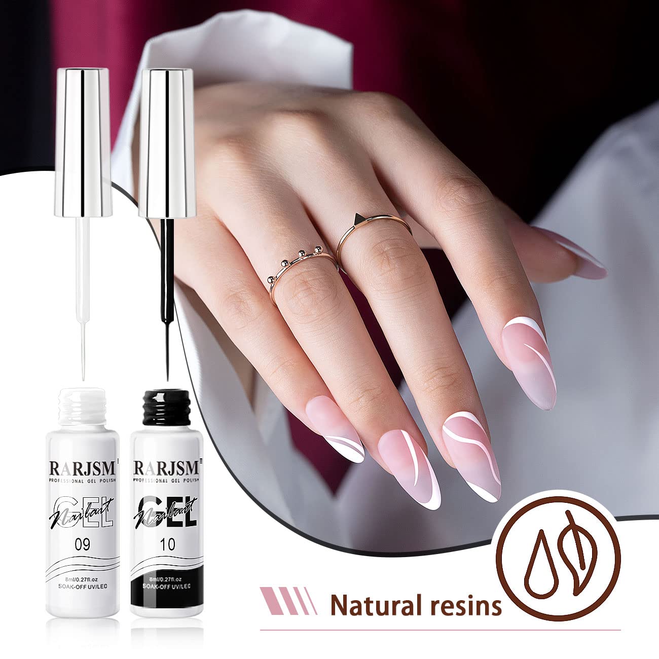 RARJSM Nail Art Gel,Liner Gel Polish,Black White Nail Design Polish Painted GelNailPolish Set 2Pcs Soak off Curing Requires 8ml Build in Thin Brush for Home Salon Diy Nails French Manicure Painting