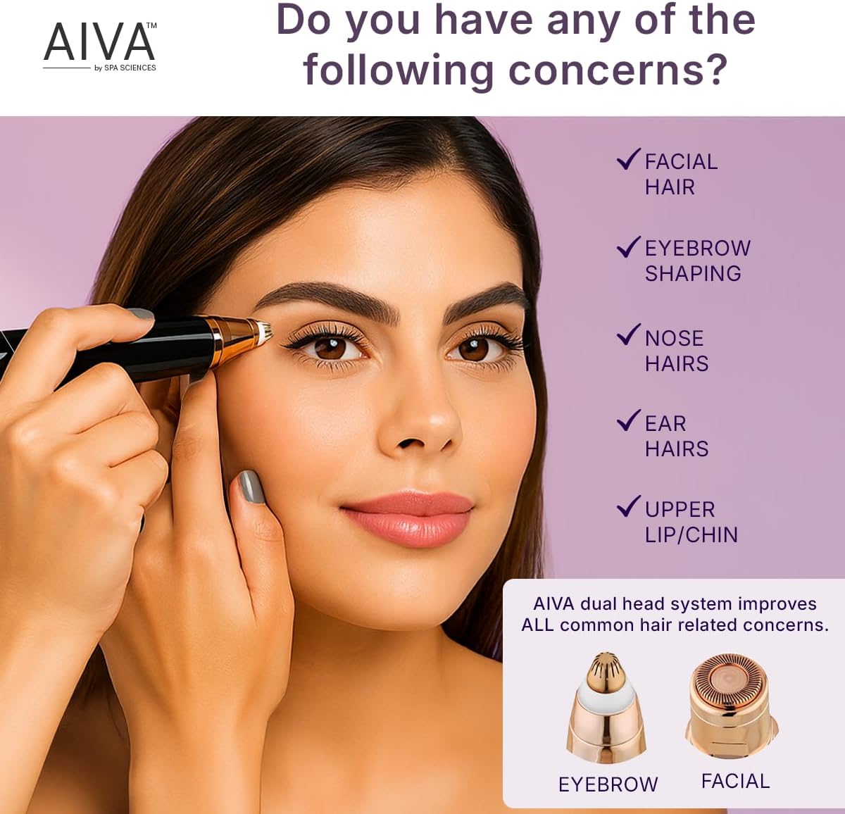 SPA SCIENCES AIVA: 2-in-1/Double Sided Facial Hair Remover & Eyebrow Trimmer USB Rechargeable with Built-in LED Lights