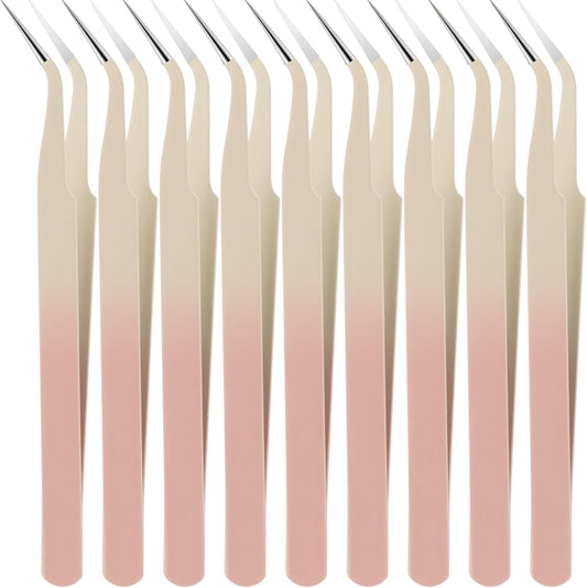 Honoson 9 Pieces Curved Pointed Craft Tweezers Stainless Steel Precision Tweezer with Protective Cover for Rhinestones Dried Flowers Craft Stickers Eyelash Extension Jewelry Making (Gradient Pink)