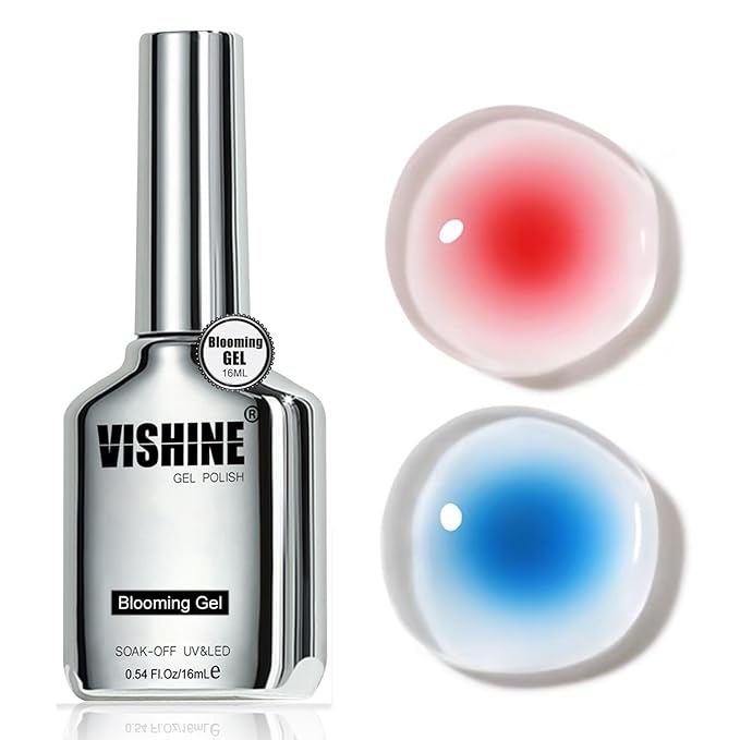Vishine 3Pcs 16ml No Wipe Gel Base Top Coat Set & Blooming Gel, Shine Finish Top Base Gel Spreading Marble Effect Long Lasting Soak off UV LED Nail Gel Nail Art Design