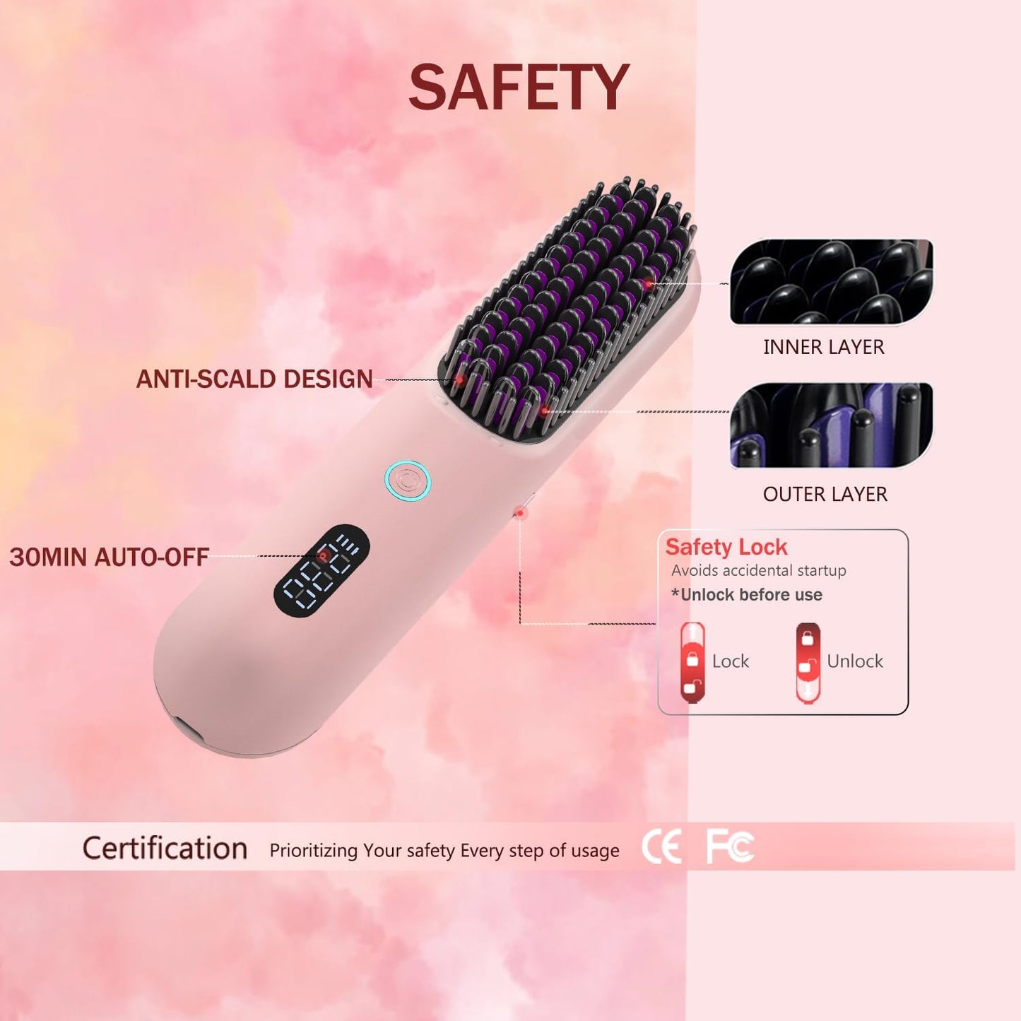 OUEST Cordless Hair Straightener Brush, Portable Mini Straightener Flat Iron, Ceramic Hot Comb with Negative Ions for Women, Lightweight Heated Hair Brush for Travel, Pink