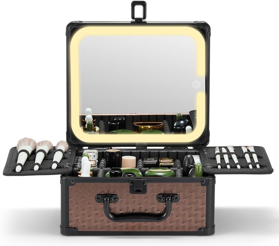 Qislee Makeup Box with A Detachable Lighted Mirror, Waterproof Travel Train Case, Cosmetic Organizer and Makeup Suitcase with Adjustable Dividers, Magnetic LED Mirror(Golden Brown)