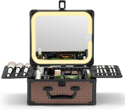 Qislee Makeup Box with A Detachable Lighted Mirror, Waterproof Travel Train Case, Cosmetic Organizer and Makeup Suitcase with Adjustable Dividers, Magnetic LED Mirror(Golden Brown)