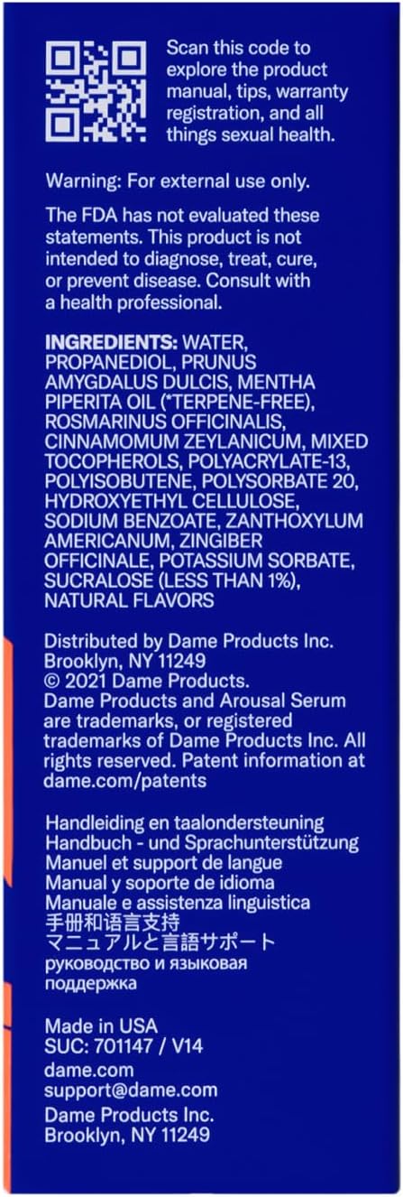 Dame Products Arousal Serum for Women Massage Oil Pleasure Feeling, Organic Vegan pH Balanced, Lickable Edible with Earthy Scent