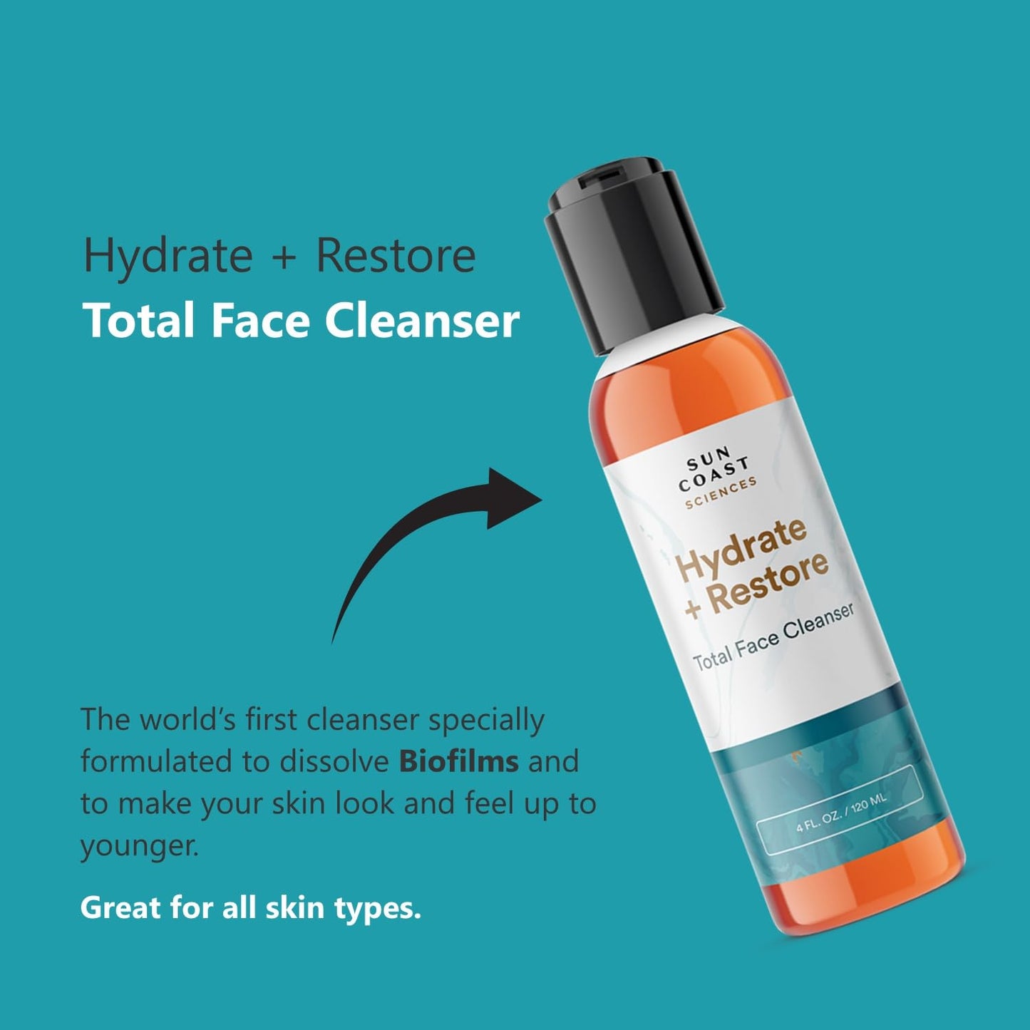 SUN COAST SCIENCES - Hydrate + Restore Total Face Cleanser, Vitamina B, Hydrating Facial Cleanser With Niacinamide for All Skin Types - 4 fl oz