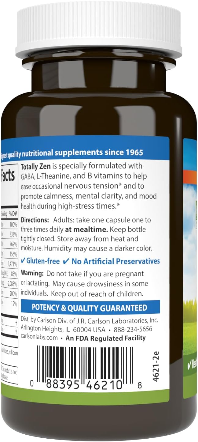 Carlson - Totally Zen, GABA, L-Theanine & B Vitamins, Healthy Mood, Promotes Calmness & Mental Clarity, 60 Capsules
