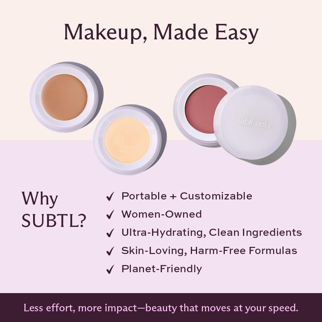 Subtl Beauty 3-in-1 Makeup Stack – Cream Bronzer, Powder Highlighter & Lip Glaze for On-the-Go Touch Ups – Lightweight, Travel-Friendly, Blendable Balm (Fair/Biscotti)