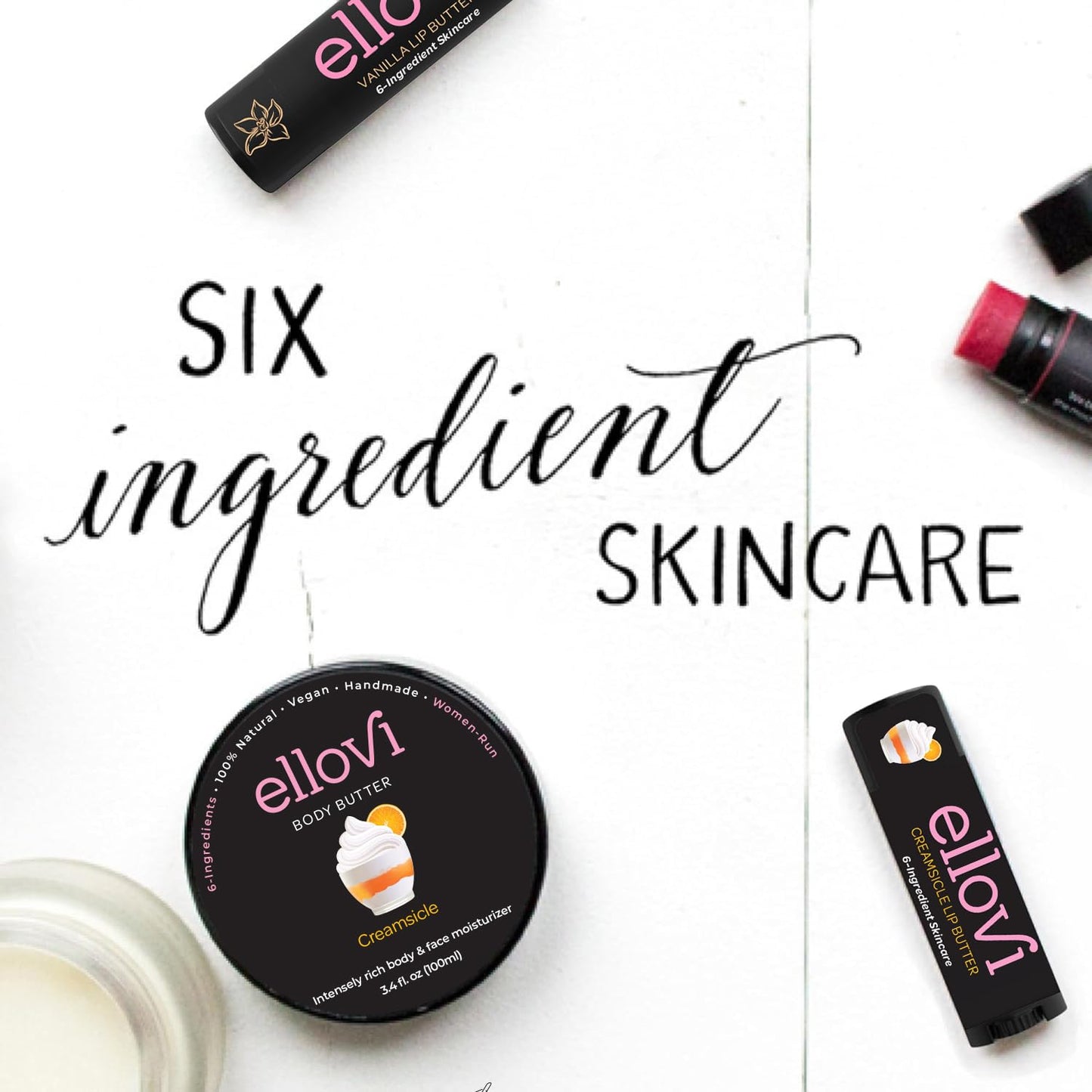 Ellovi Natural Lip Butter Lip Balm - Creamsicle - Pure Enough to Eat - Made With Just 6 Vegan Ingredients - 100% Natural & Organic Moisturizing Lip Care for All Day Hydration (4-Pack)