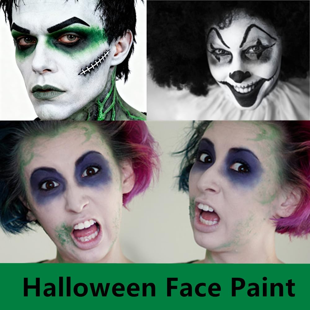Go Ho 3 PCS Clown White Black Cream-Blendable Sticks,Waterproof Green Face Body Paint Professional SFX Makeup,Safe Facepaint Nose&Lip Smacking for Festival Halloween Makeup(White+Black+Green)