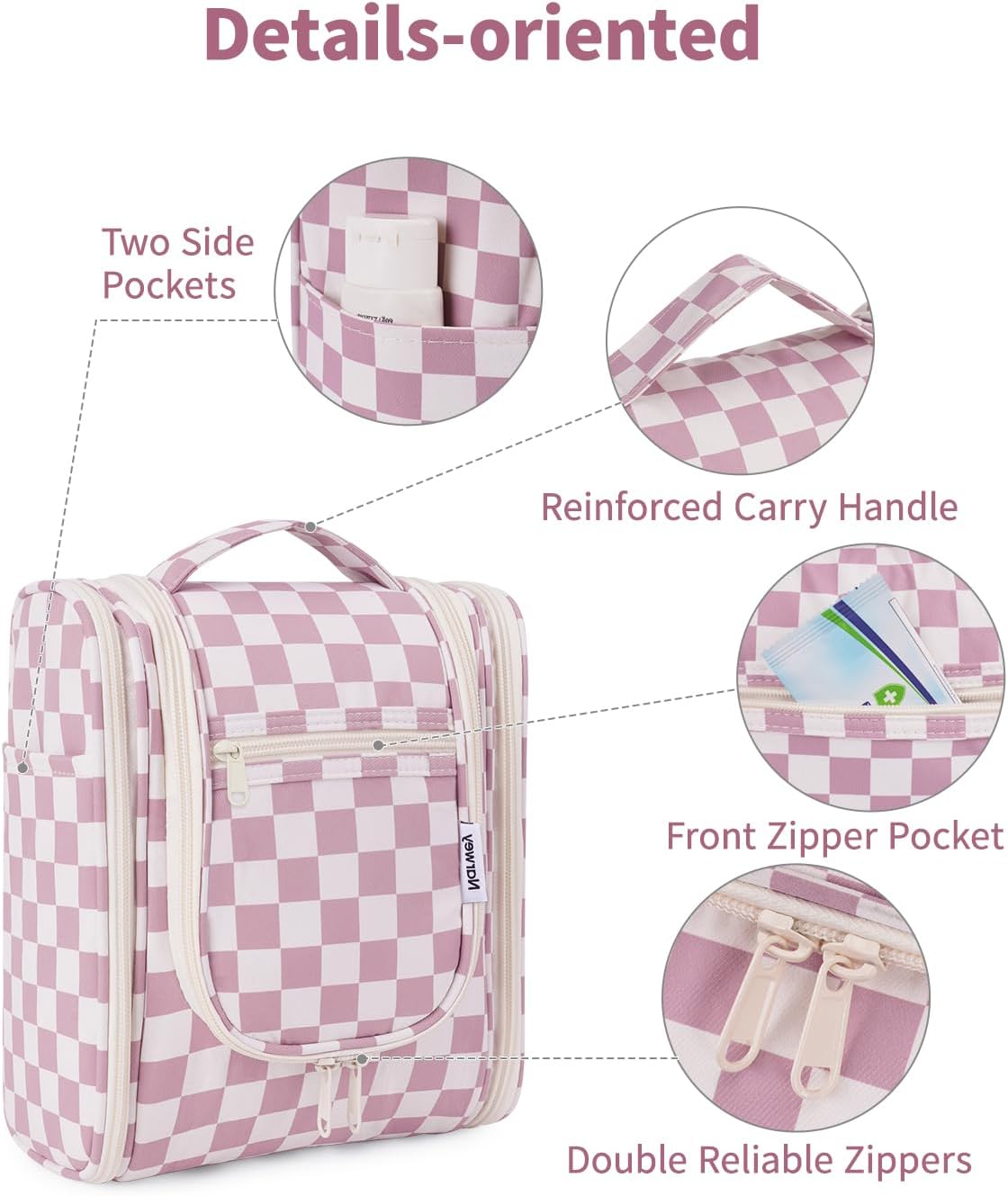 Narwey Small Checkered Hanging Travel Toiletry Bag for Women, Travel Bag for Toiletries, Makeup Bag Organizer Cosmetic Bags Make Up Bags for Women (Dusty Rose Checkerboard)
