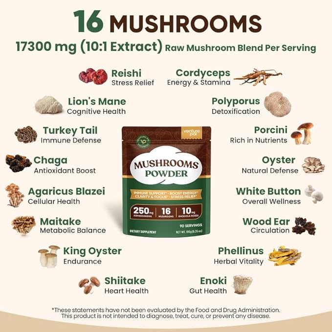 Venture Pal Mushroom Powder & Biotin Gummies Bundle -16 Mushroom Adaptogen Blend with Ashwagandha & Lion's Mane (90 Servings) + Biotin Gummies with Collagen & Keratin (60 Ct)