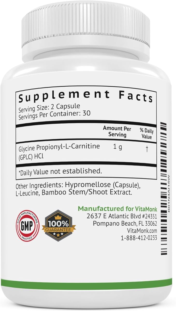 VitaMonk GlycoTrax - High Absorption GPLC Supplement - No Artificial Fillers - GPLC Glycine Propionyl-L-Carnitine Capsules Supplements to Support Healthy Blood Flow - 60 Capsules