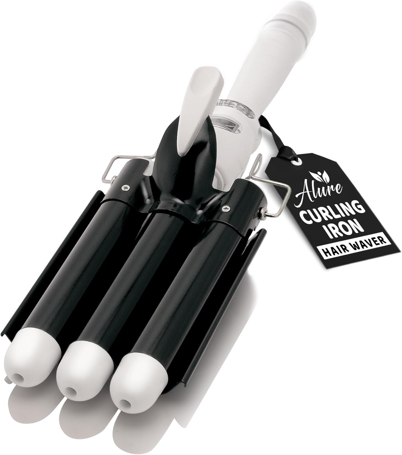 Alure Three Barrel Curling Iron Wand Hair Waver with LCD Temperature Display - 1 Inch Ceramic Tourmaline Triple Barrels, Dual Voltage Crimp (Black/White)