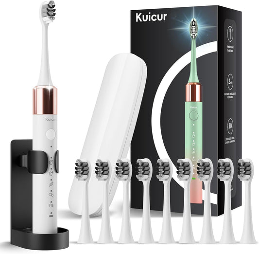 Electric Toothbrush, 10 Brush Heads & Travel Case, 42,000 VPM Electric Motor & USB Charging, 5 Modes with Smart Timer, Ultra Whitening Toothbrush for Adults and Kids
