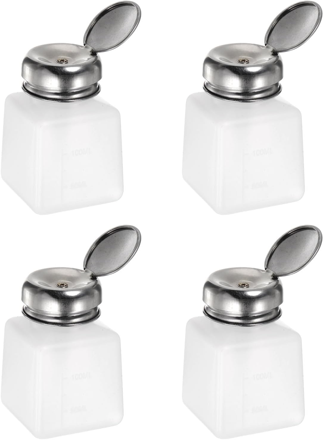 HARFINGTON 4PCS 100ML(3.4oz) Push Down Alcohol Dispenser Pump Liquid Press Empty Bottles Refillable Container for Acetone Cleanser Nail Polish Remover, White
