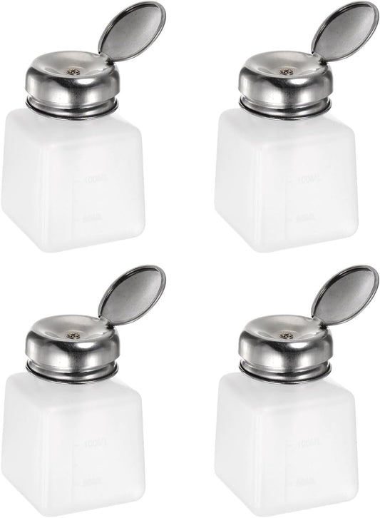 HARFINGTON 4PCS 100ML(3.4oz) Push Down Alcohol Dispenser Pump Liquid Press Empty Bottles Refillable Container for Acetone Cleanser Nail Polish Remover, White