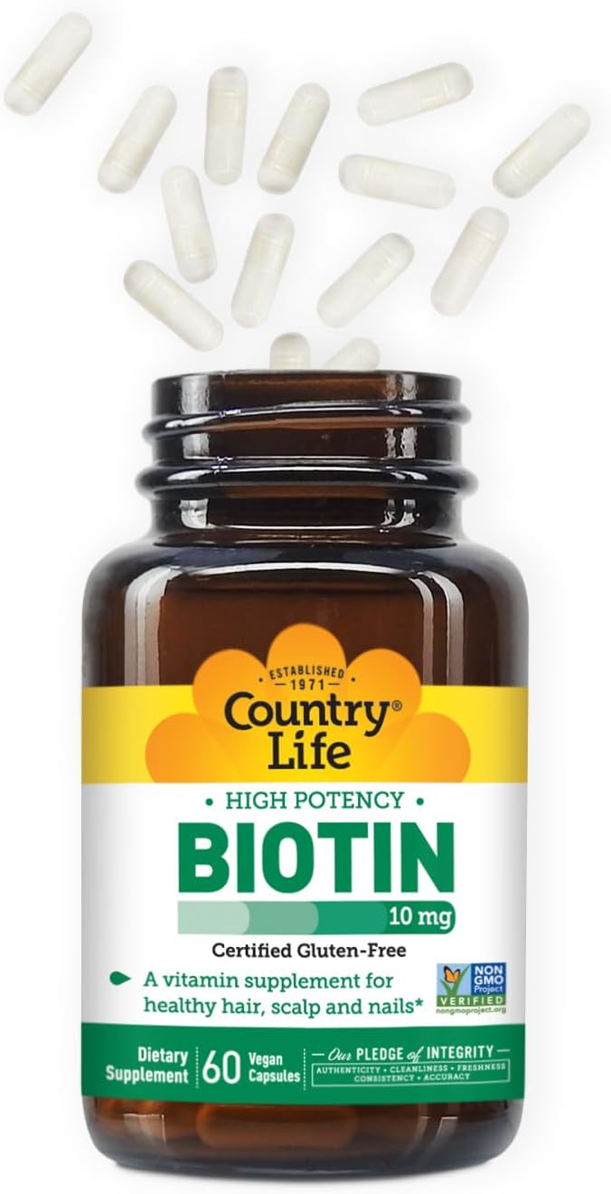 Country Life Vitamins High Potency Biotin 10,000 mcg (10 mg), 60 Count - Supplement for Hair, Scalp & Nails - Certified Gluten Free