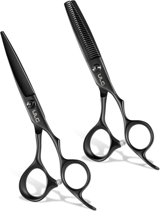 ULG Hair Cutting Scissors Set 2-Pack Haircut Shears and Hair Thinning Scissors Ergonomic Handle Lightweight Hairdressing Shears for Home and Salon Use, Matte Black