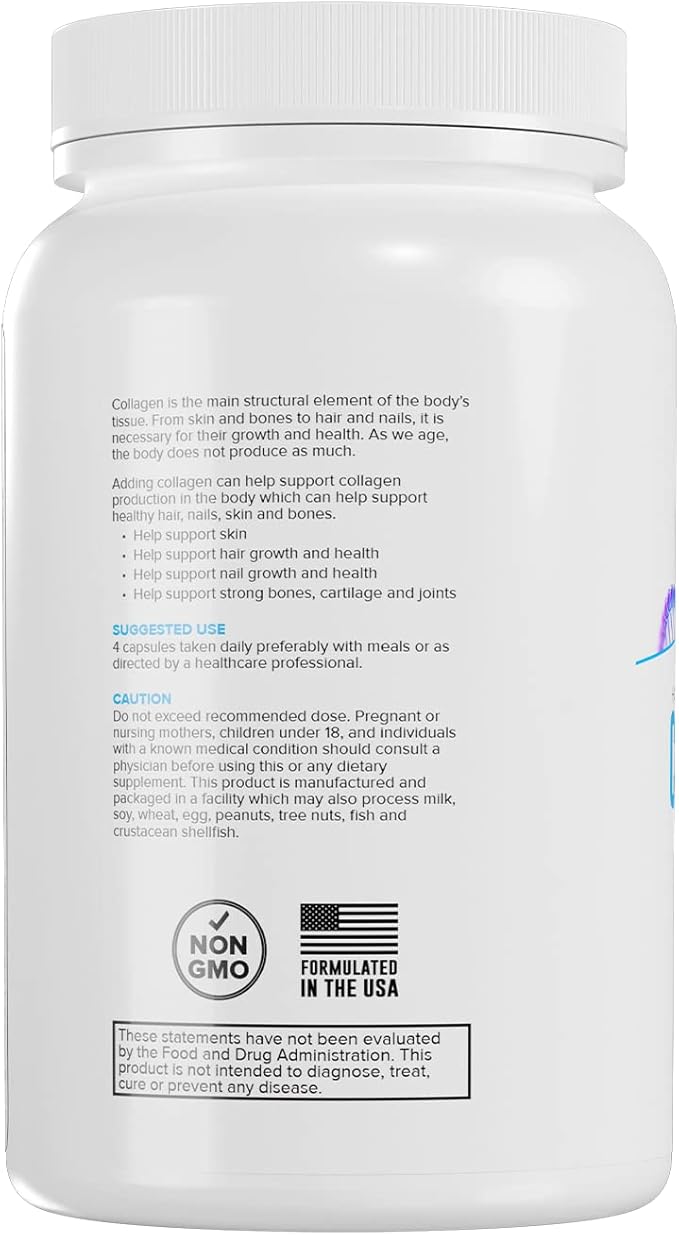 Collagen 3000mg - 120 Capsules, Non GMO, Hair Skin, Nails & Bones Support