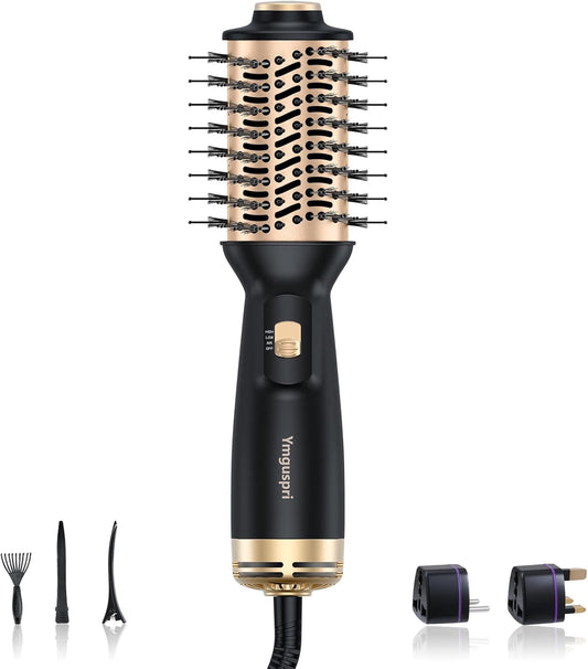 Travel Dual Voltage Hair Dryer Brush, Mini Auto Blow Dryer Brush in one, 2 Inch One Step Hot Air Hair Dryer and Styler for Home & Salon with EU&UK Plug (Gold)