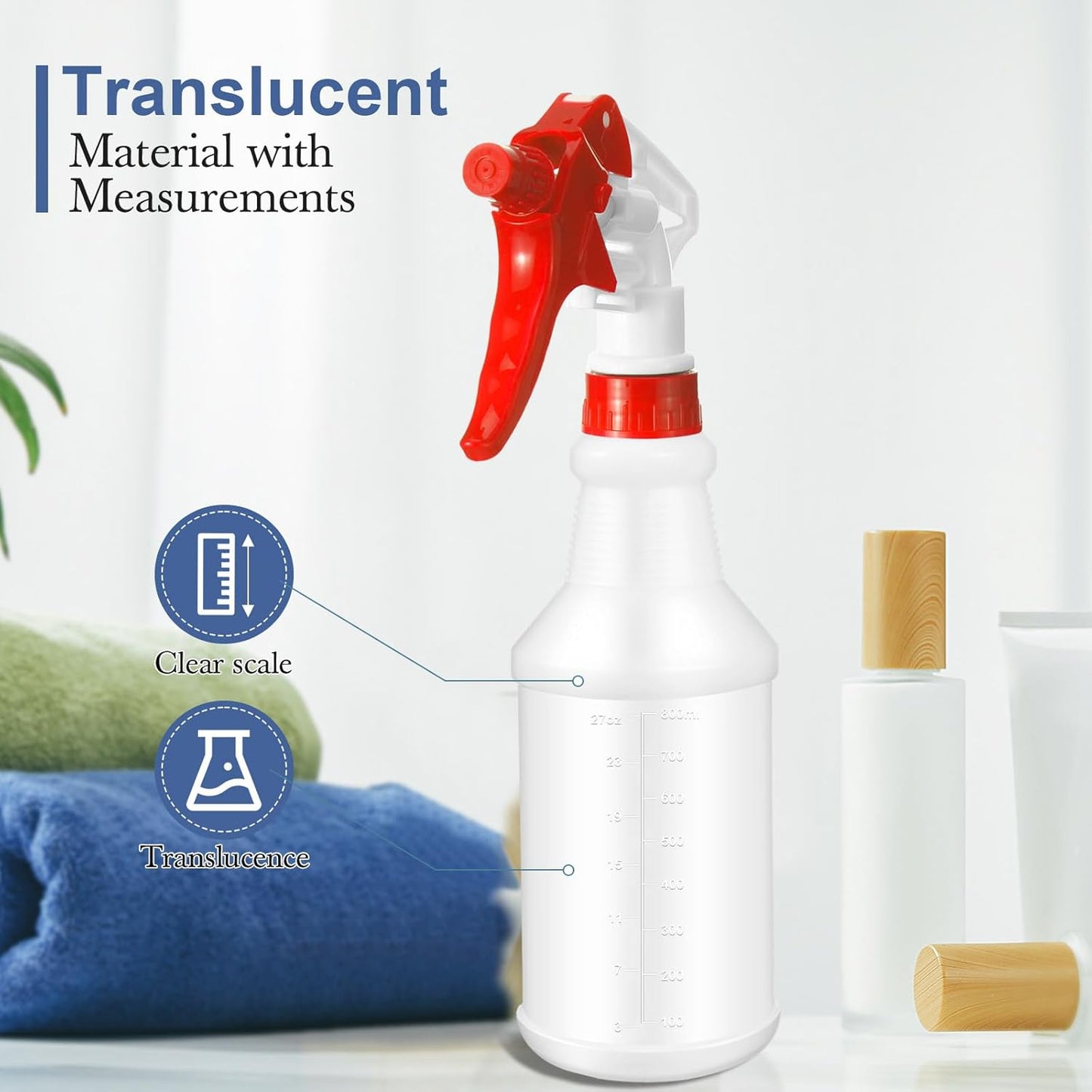 Zubebe 24 Pack 32 oz Plastic Spray Bottle Bulk Empty Leakproof Heavy Duty Spray Bottles for Cleaning Supplies Mist Bottles with Label and Adjustable Nozzle for Plant(Red and White,Clear Scale)