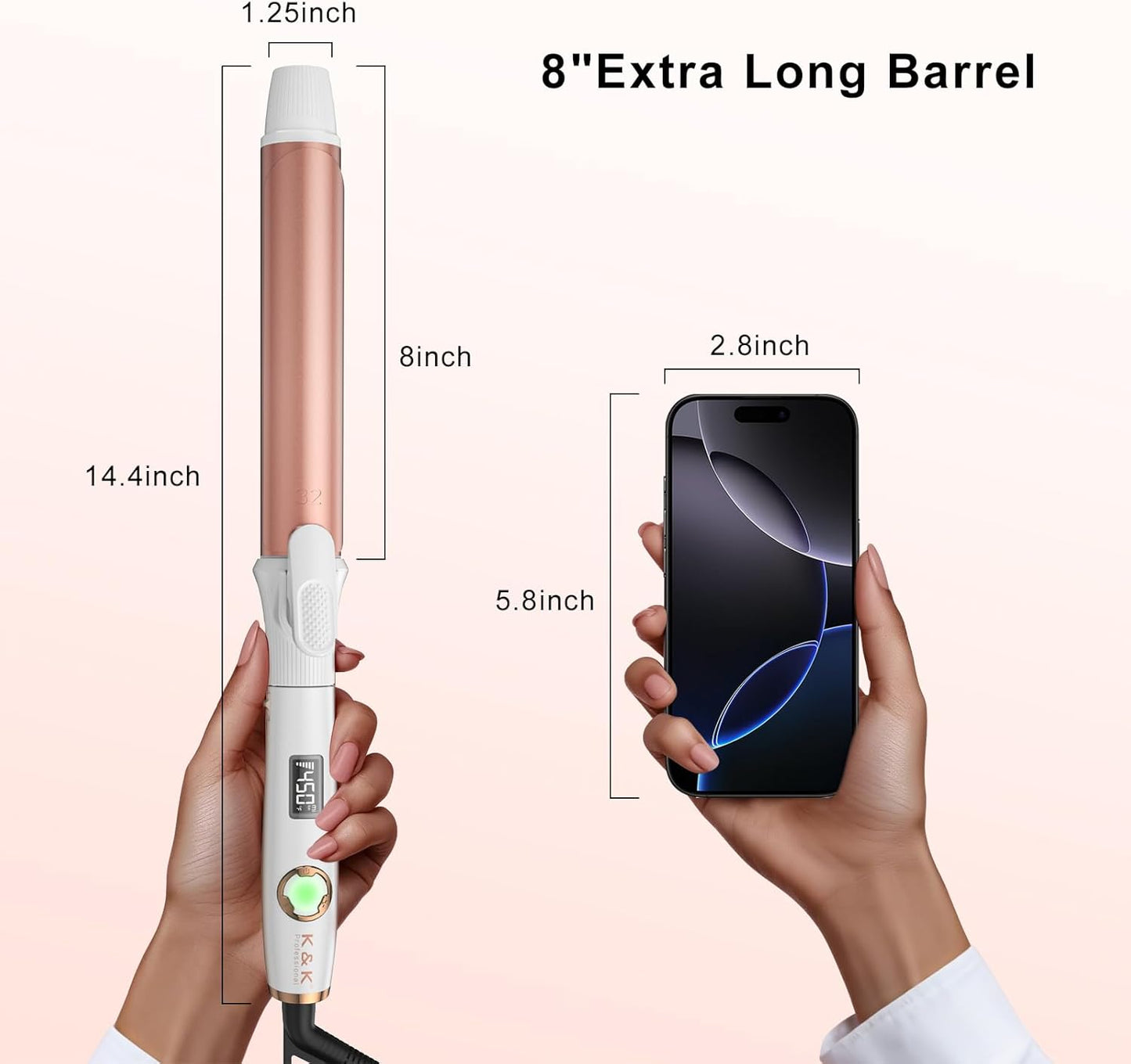 K&K Long Barrel Styler, 1 1/4 Inch Curling Iron with Clipped, Professional Ceramic Coating Hair Curler Wand, Dual MCH Heater up to 450F, Worldwide Voltage Curling Tongs for Traveling