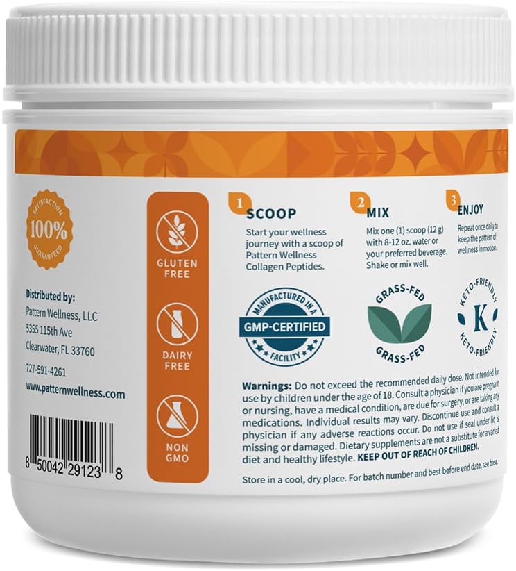Pattern Wellness Collagen Peptides Powder (Type I & III) - Hair, Nails, Skin & Joint Support - Grass Fed & Pasture-Raised - Hydrolyzed, Non-GMO, Dairy Free, & Keto-Friendly - Caramel (13 Oz)