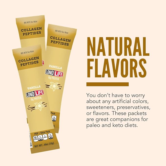 LonoLife - Vanilla Flavored Collagen Peptides with 10g Protein, Paleo and Keto Friendly, Portable Individual Packets, 10 Servings, 10 Count - Packaging May Vary