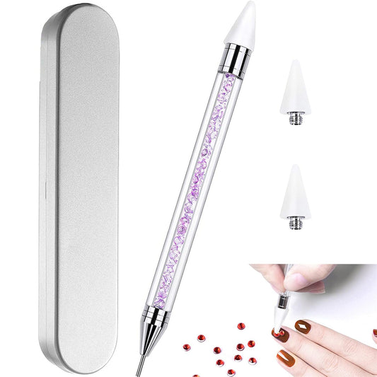 Nail Rhinestone Picker Dotting Tool with Extra 2 Wax Head, Dual-ended DIY Nail Art Tool With Pink Acrylic Handle (PURPLE)