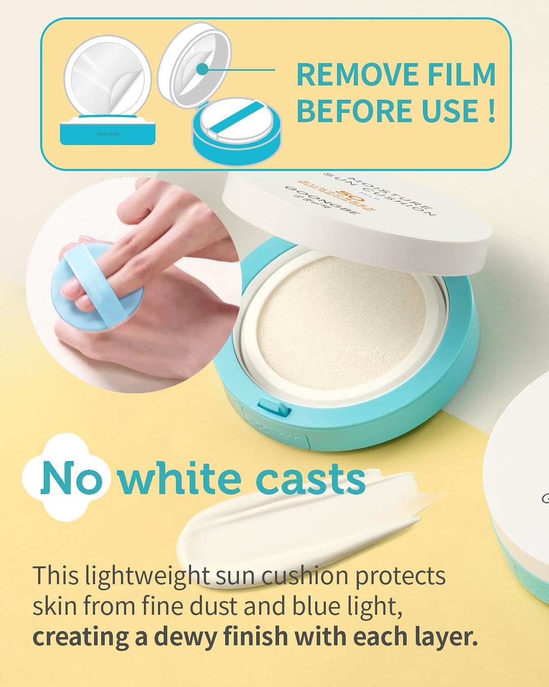 GOONGBE Moisture Sun Cushion Mild SPF 50 - Korean Moisturizing & Soothing Zinc Oxide Mineral Sunscreen - Travel Friendly Sun Cushion for Babies & Kids - Vegan, Reef-Safe, Allergen-Free, 0.81oz.