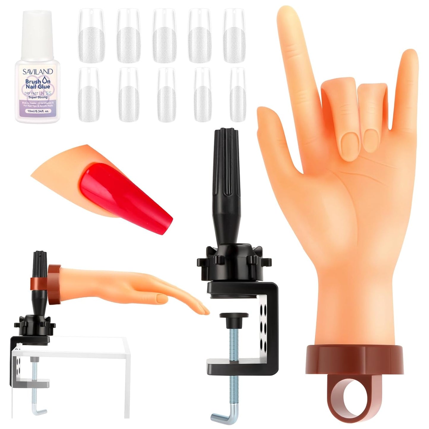 SAVILAND Practice Hand for Acrylic Nails: Flexible & Realistic Nail Practice Hand Mannequin Hand Silicone Nail Hand Practice with 120PCS Nail Tips Nail Glue for Beginners Manicure Training Home