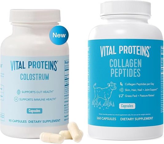 Vital Proteins Collagen Capsules Supplement (Type I, III) 360 Pills and Bovine Colostrum Supplement 90 Capsules