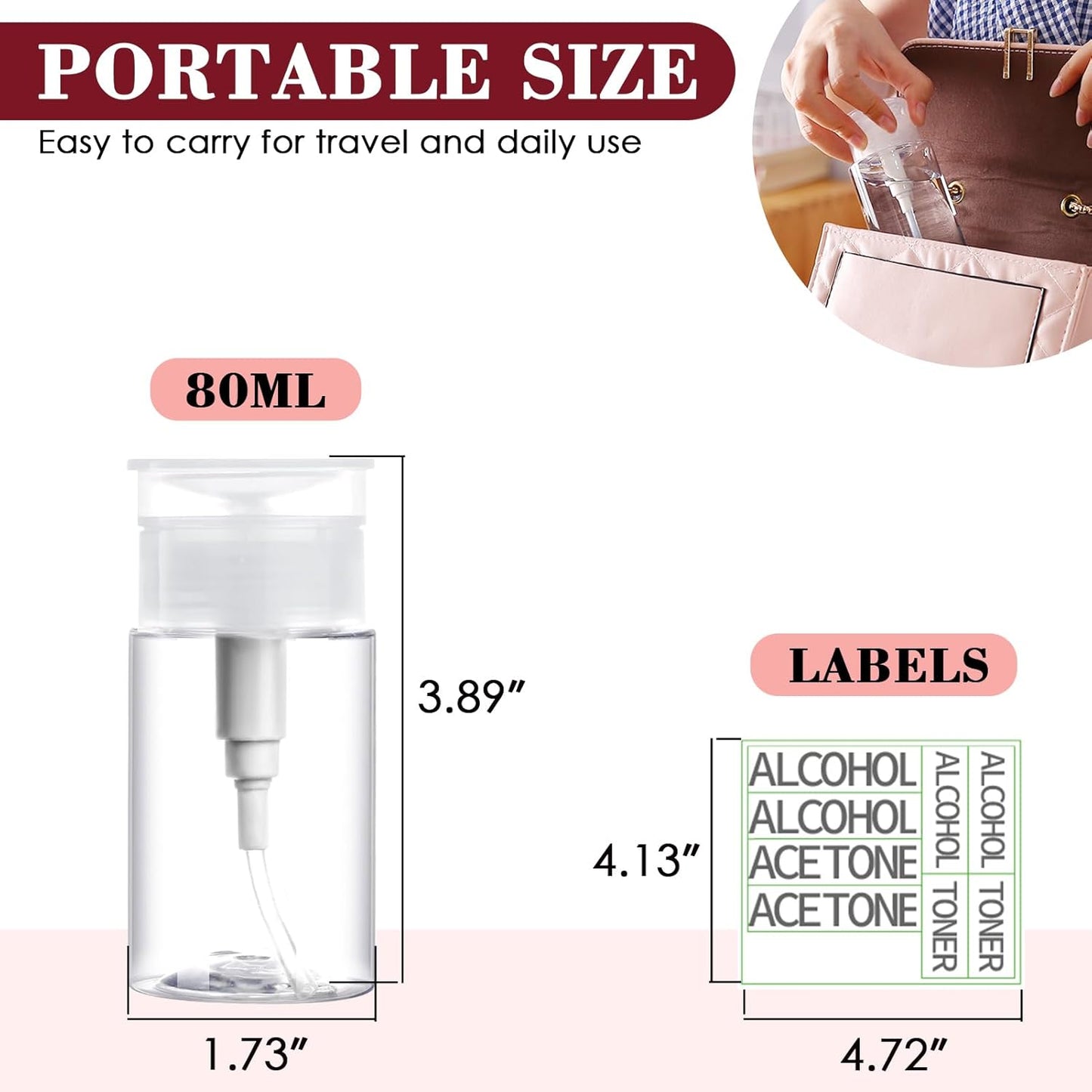 4 Pack Push Down Pump Dispenser 80ML Empty Acetone Dispenser Push Top Alcohol Bottles Containers for Nail Polish Makeup Remover Water Facial Toner