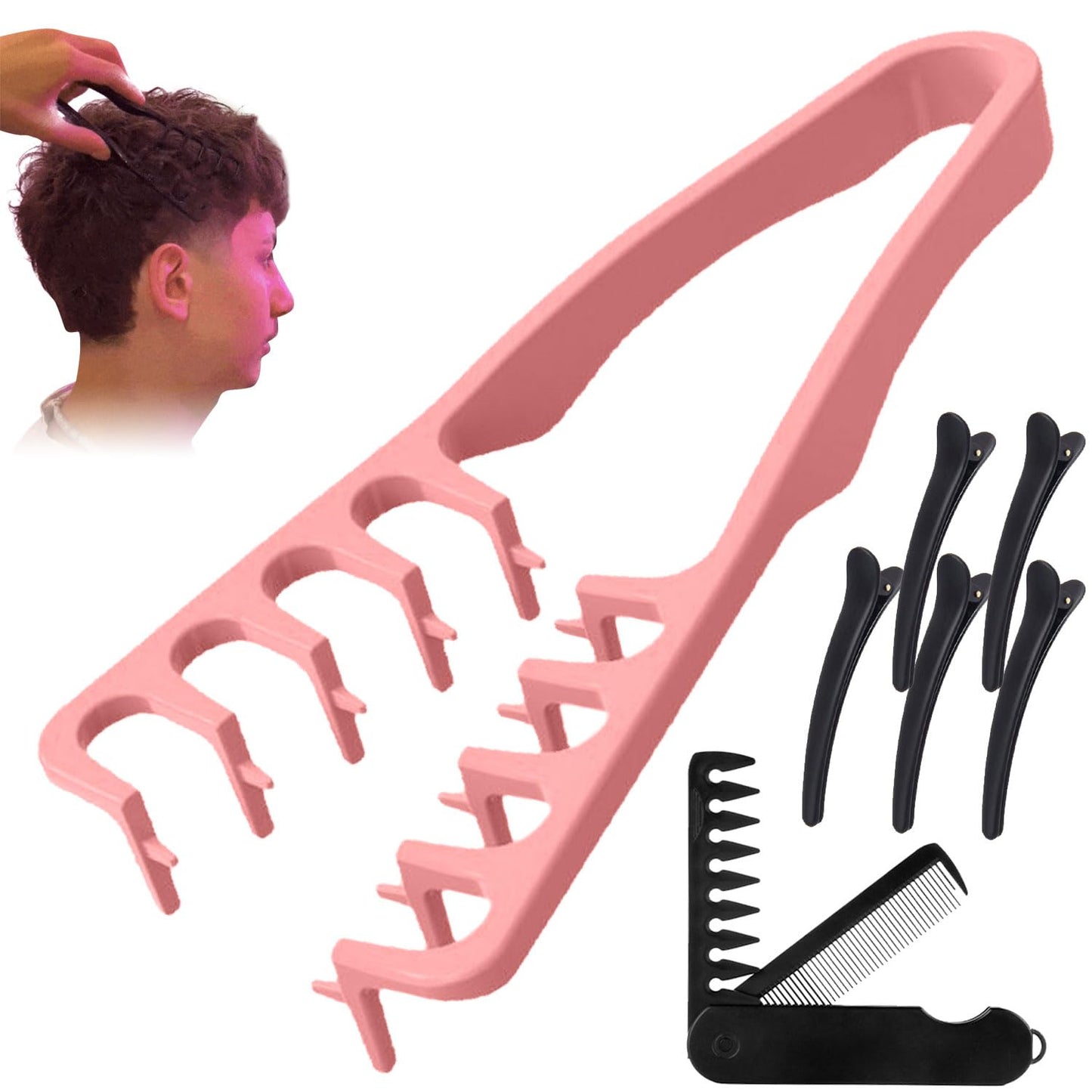 Textured Styling Comb, Volumizing Wide-Tooth Hair Styling Comb, 2025 Upgrade Texture Combs Attached 5 Hair Clips and a Folding Combs, Bangs Seam Grooming Styling Tool, For Women Men (Pink)