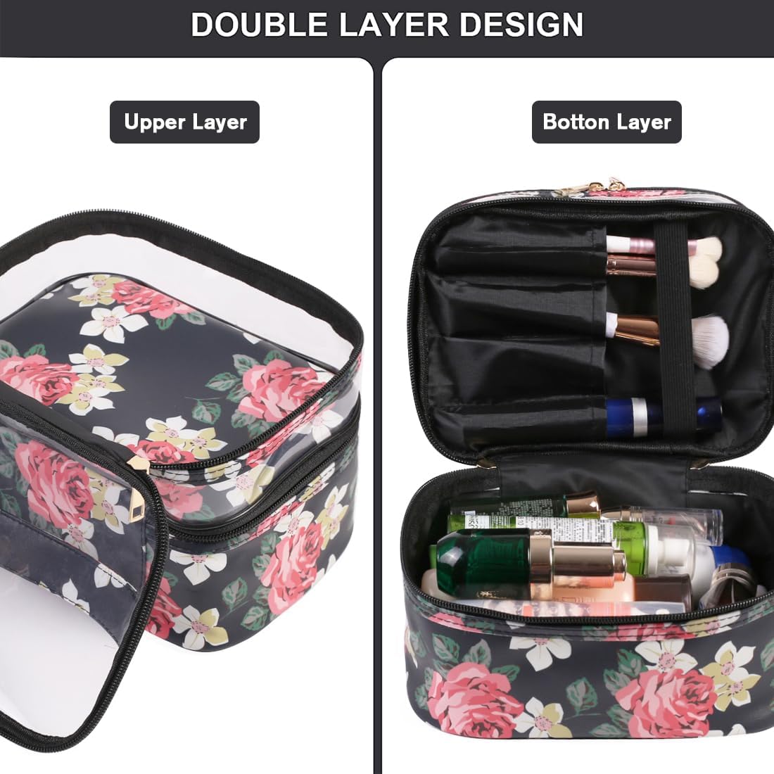 FITINI Makeup Bags Double Layer Travel Storage Cosmetic Cases Make up Organizer Toiletry Bags Water-resistant for Women Makeup Brush Bag,Black Peony