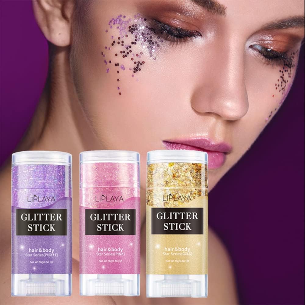 Purple Face Body Glitter Stick, Mardi Gras Outfit for Women and Kids,Sparkly Holographic Party Festival Rave Mardi Gras Accessories for Carnival, Chunky Holographic Face Glitter Makeup