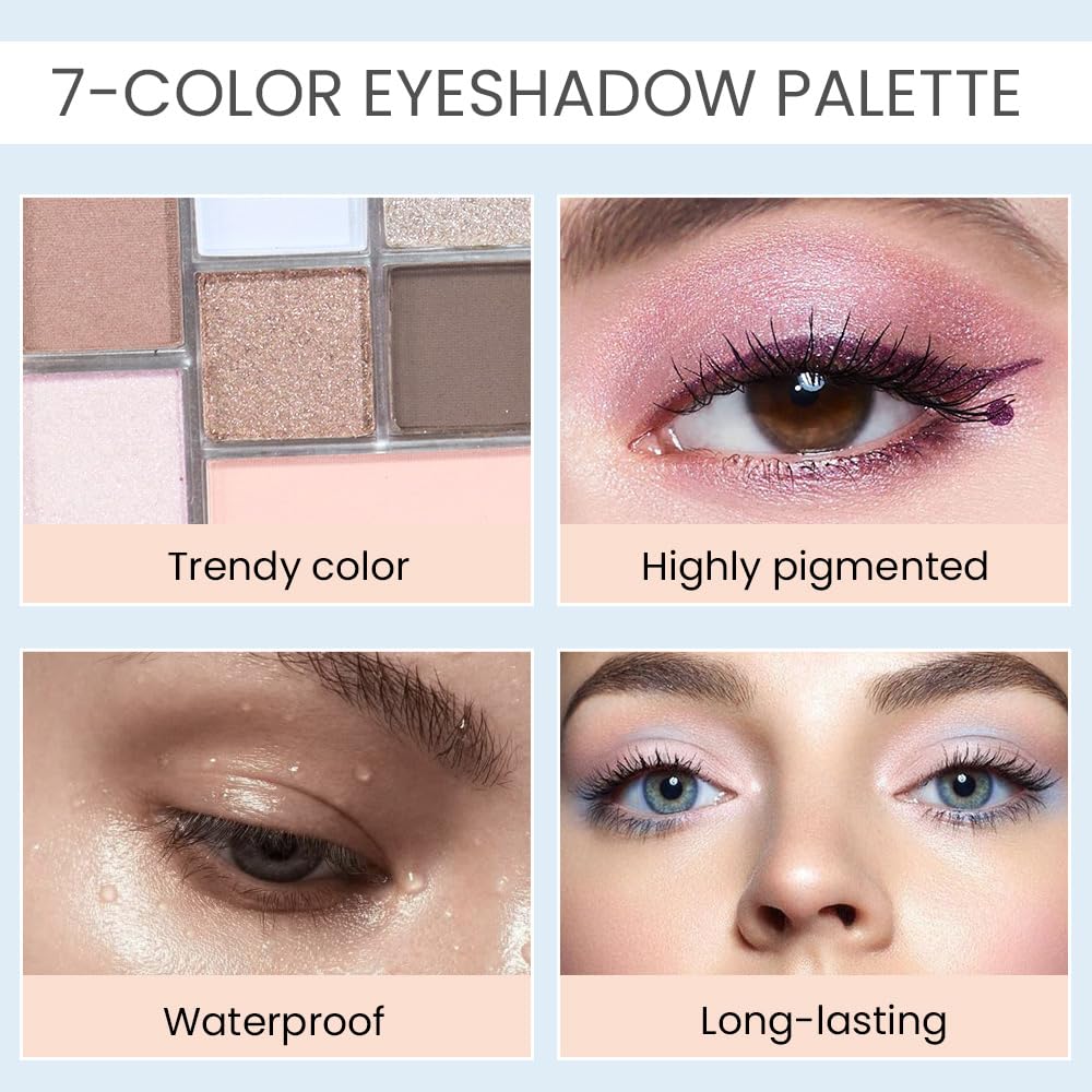 Seven Color Matte Shimmer Eyeshadow, 7 Sky Blue Nude Champagne Gold & Black Brown Series Pressed Powder Eyeshadow, Daily Silky Makeup Eyeshadow Palette,Easy to Carry,Vegan & Cruelty-Free, 24# 0.25 Oz