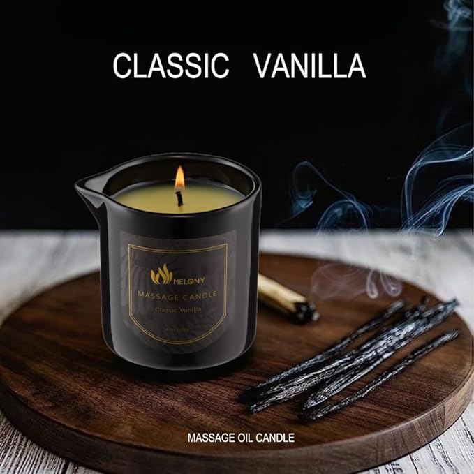 MELONY Massage Oil Candle for Pure Relaxation- 8.1 oz- Moisturizing Essential Oil Body Massage Candle for Home Spa- Amazing Gift for Women & Men (Classic Vanilla)