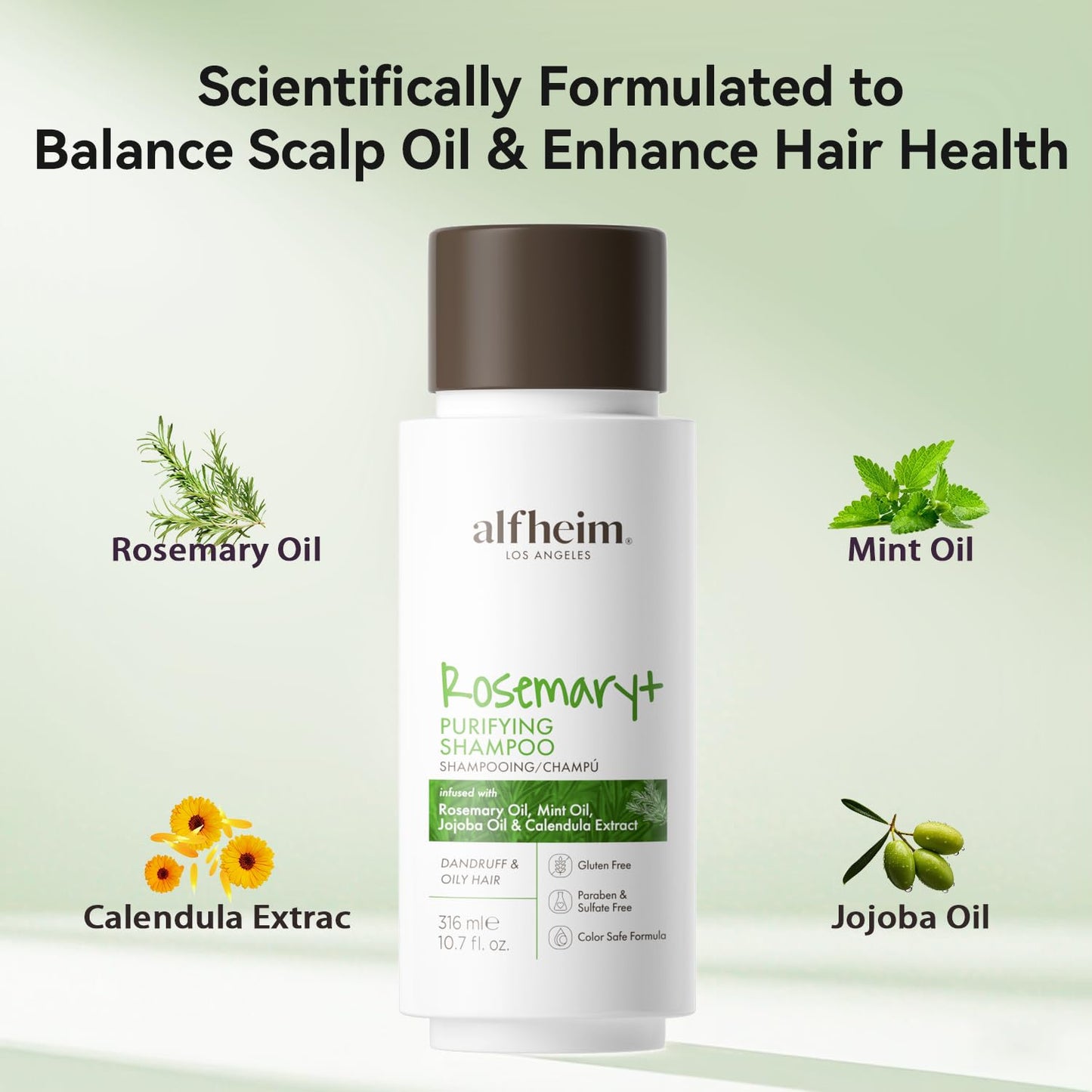 ALFHEIM Rosemary+ Purifying Shampoo for Oily & Fine Hair with Rosemary, Peppermint & Jojoba Oils – Travel Size – Deep Cleanse, Balance & Refresh – Vegan, Sulfate-Free, Cruelty-Free – 10.7 oz / 316 ml