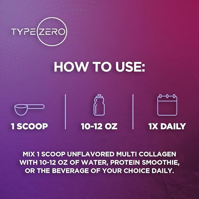 Type Zero Multi Collagen Powder 30 Servings (Unflavored) - Types I, II, III, V, & X Collagen Peptides + Hyaluronic Acid, VIT C, Biotin
