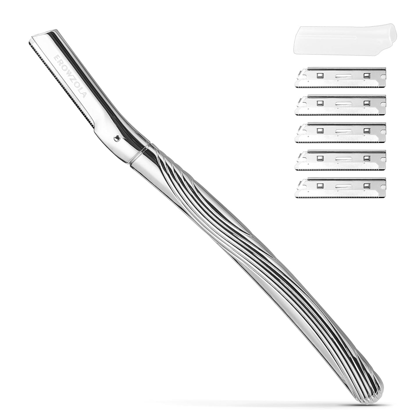 Eyebrow Razor, Face Razors for Women and Men, Reusable Metal Handle with 6 Refill Blades, Eyebrow Trimmer with Precision Cover, Dermaplane Razor, Skin Care Tool - Shiny Silver