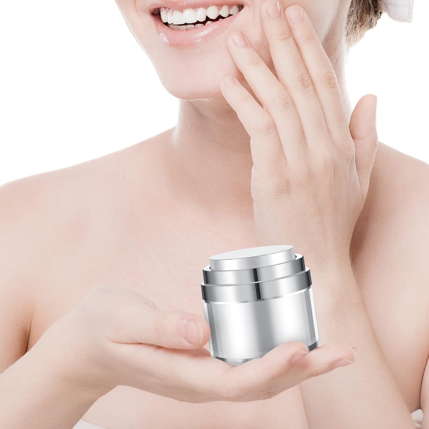 4 Pack Empty Airless Pump Jar Acrylic Airless Cosmetic Container Portable Refillable Travel Size Cream Vacuum Bottle Lotion Jar with Pump Lid for Skincare Cream, White(1.7 oz)